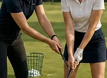 Dłonie trenerki ustawiają chwyt kija uczennicy na driving range