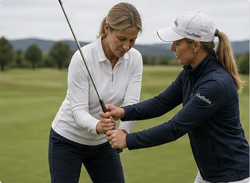 Trenerka ustawia chwyt kija uczennicy na driving range