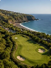 Pole golfowe nad klifem i oceanem na wyspie